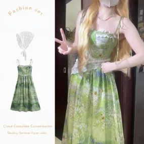 Aiertu - Ethereal Beauty of a Summer Elven Forest Forager Maxi Dress and Handkerchief Bandana Full Set Kawaii Academia Y2K Cottagecore Coquette Fairycore Dollette Princesscore