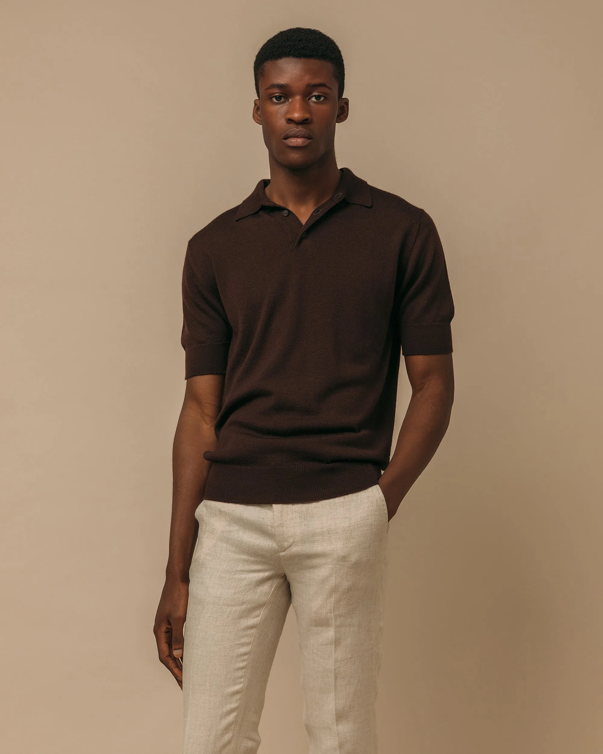 Cashmere silk tennis polo in dark brown