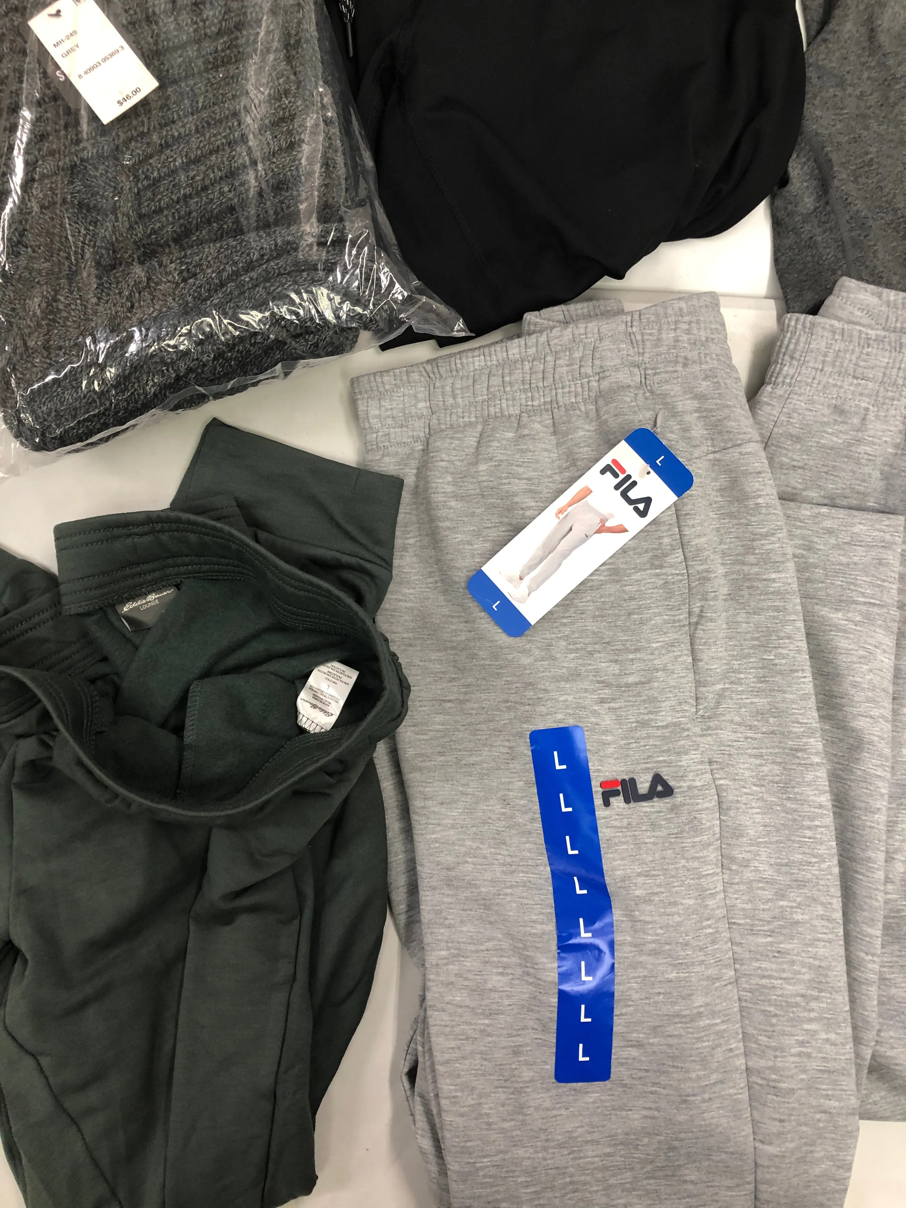 Men's Clothing Sweatpants and more Wholesale Lot, FILA, EDDIE BAUER, STEVE MADDEN, KIRKLAND and more, 8 items, Shelf Pulls, MSRP $381