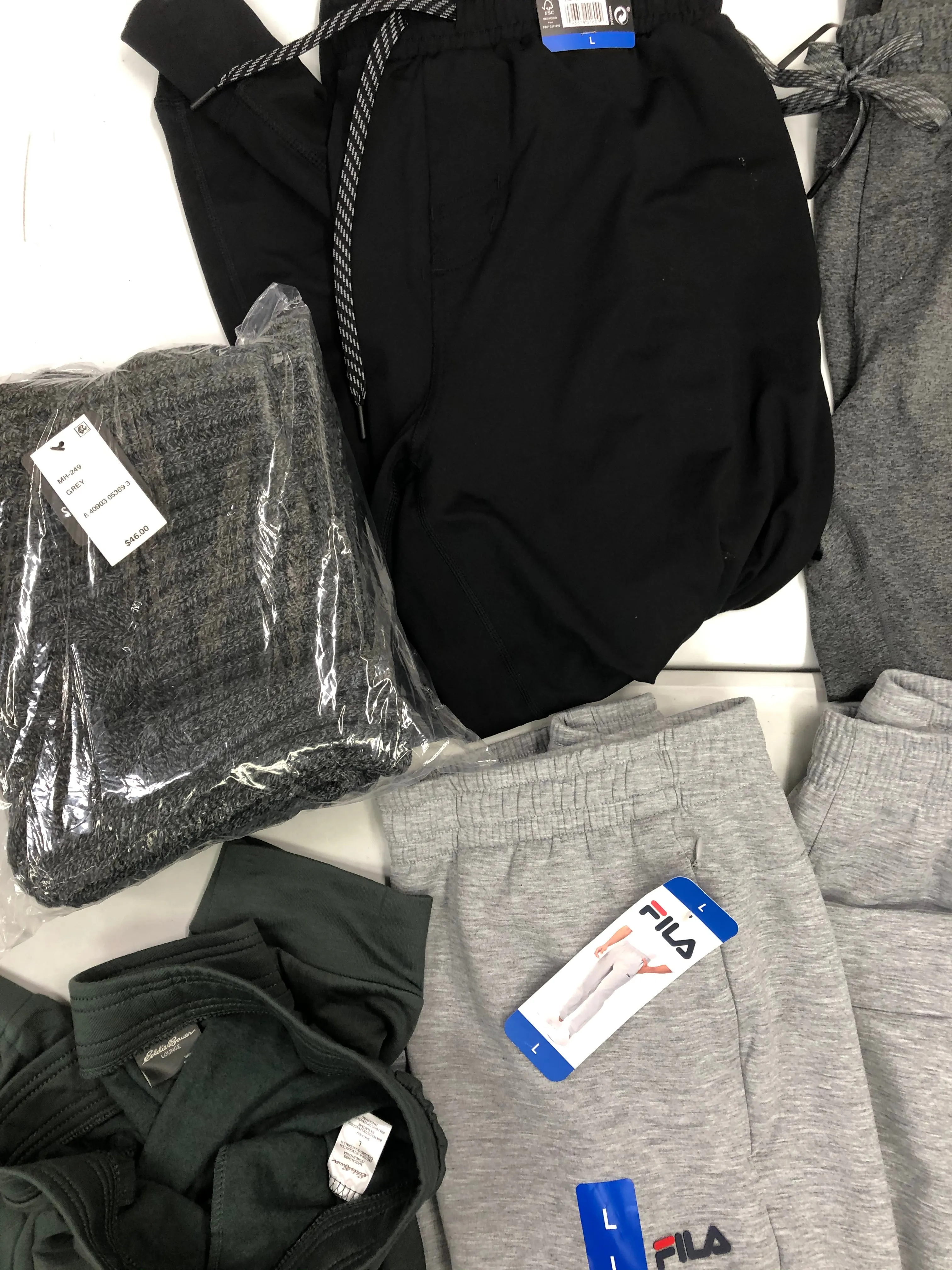 Men's Clothing Sweatpants and more Wholesale Lot, FILA, EDDIE BAUER, STEVE MADDEN, KIRKLAND and more, 8 items, Shelf Pulls, MSRP $381
