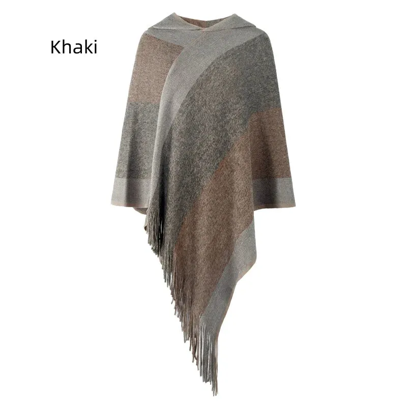 TastyHottie - COLOR MATCHING STRIPED HOODED CAPE PULLOVER KNITTED SHAWL
