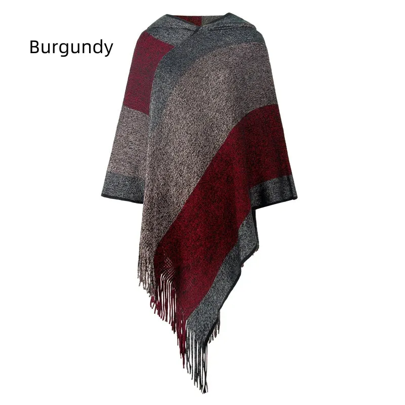 TastyHottie - COLOR MATCHING STRIPED HOODED CAPE PULLOVER KNITTED SHAWL
