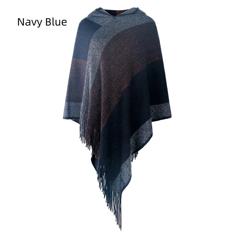 TastyHottie - COLOR MATCHING STRIPED HOODED CAPE PULLOVER KNITTED SHAWL