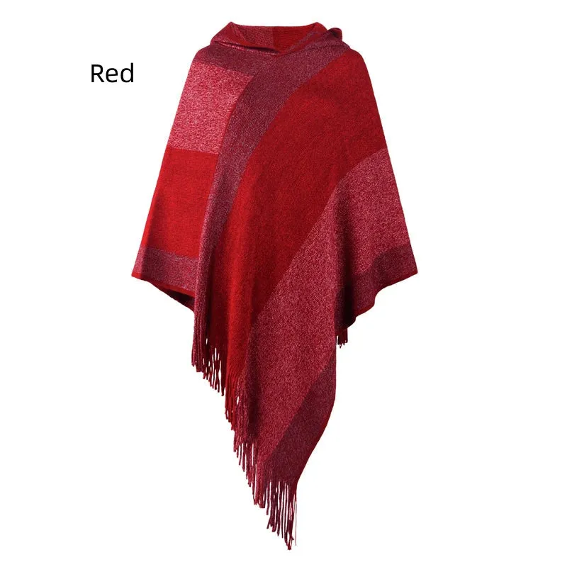 TastyHottie - COLOR MATCHING STRIPED HOODED CAPE PULLOVER KNITTED SHAWL