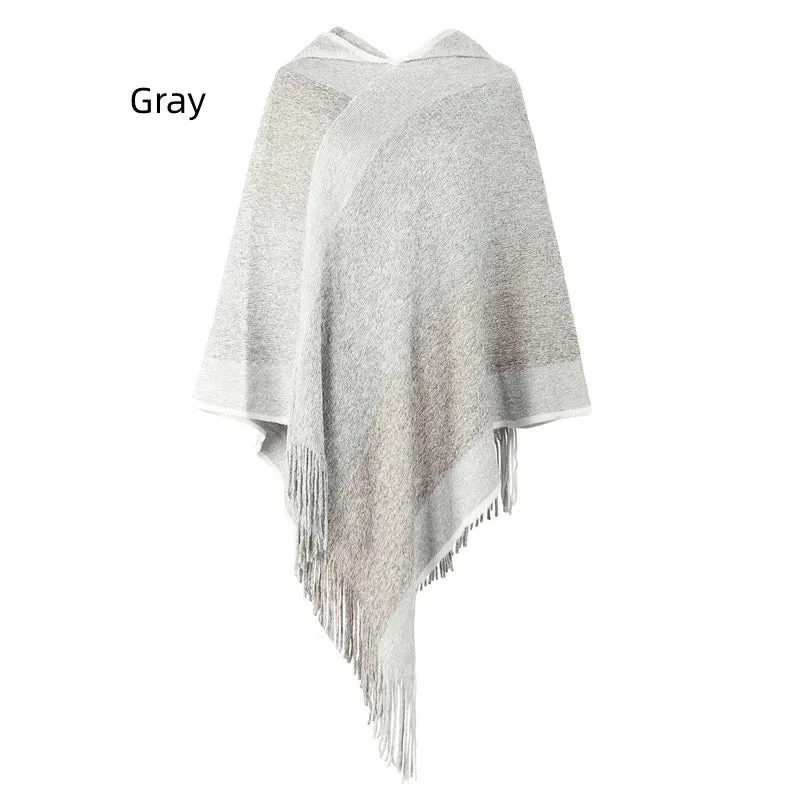 TastyHottie - COLOR MATCHING STRIPED HOODED CAPE PULLOVER KNITTED SHAWL