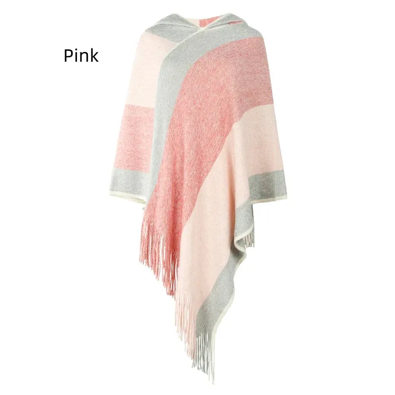 TastyHottie - COLOR MATCHING STRIPED HOODED CAPE PULLOVER KNITTED SHAWL