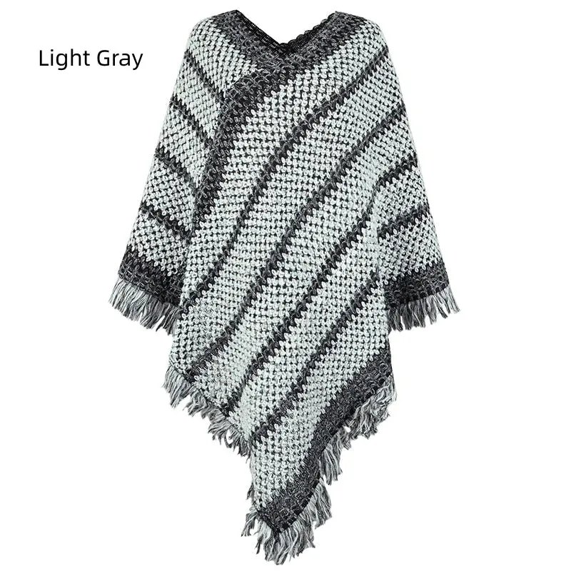 TastyHottie - CONTRAST STRIPED FRINGED PULLOVER CAPE SHAWL