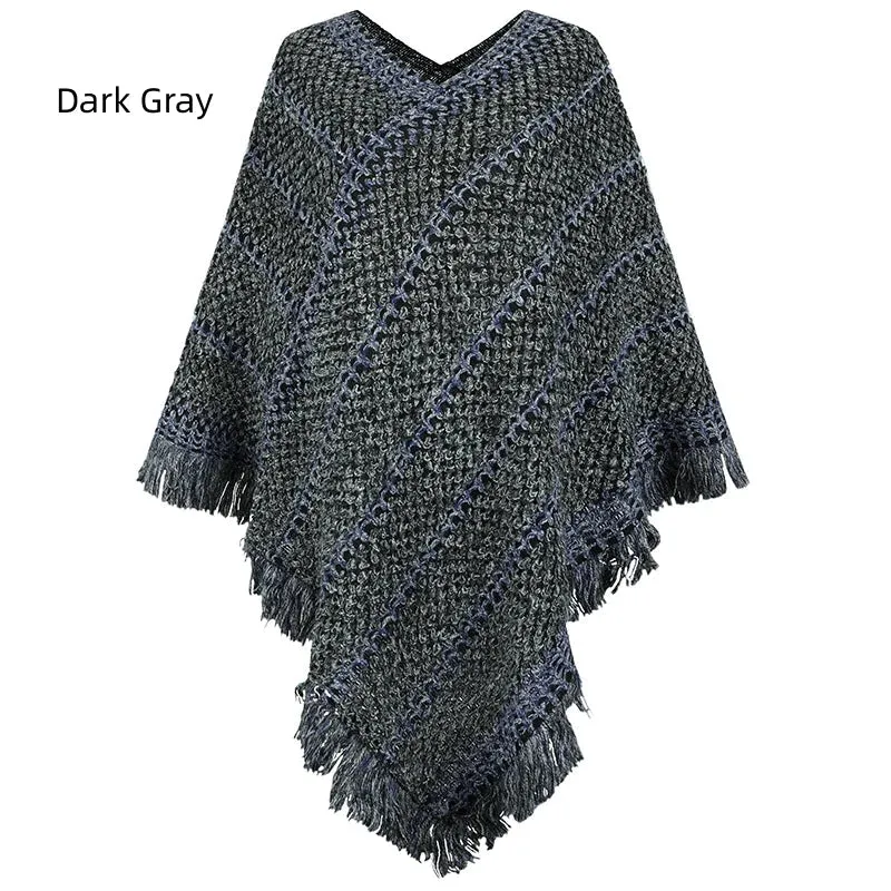 TastyHottie - CONTRAST STRIPED FRINGED PULLOVER CAPE SHAWL