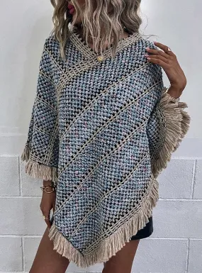 TastyHottie - CONTRAST STRIPED FRINGED PULLOVER CAPE SHAWL