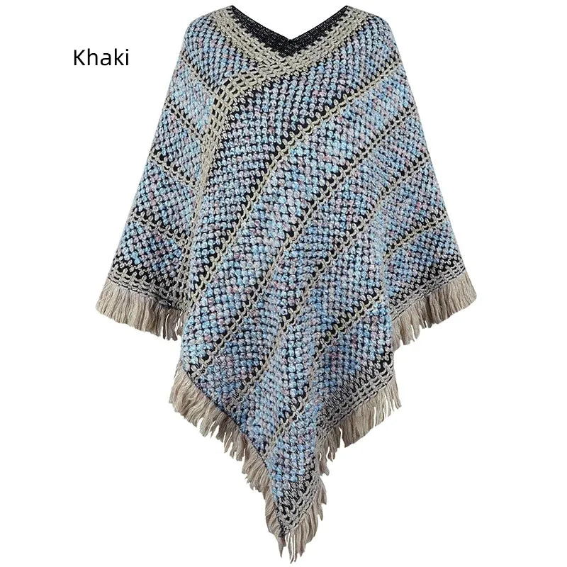 TastyHottie - CONTRAST STRIPED FRINGED PULLOVER CAPE SHAWL