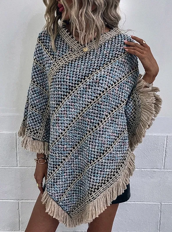TastyHottie - CONTRAST STRIPED FRINGED PULLOVER CAPE SHAWL