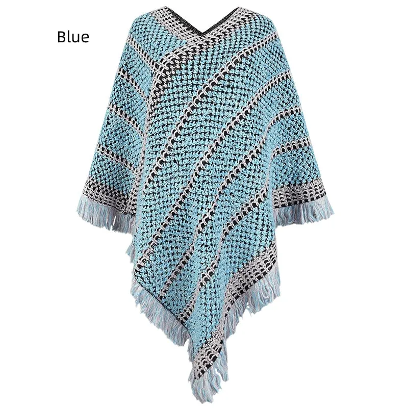 TastyHottie - CONTRAST STRIPED FRINGED PULLOVER CAPE SHAWL