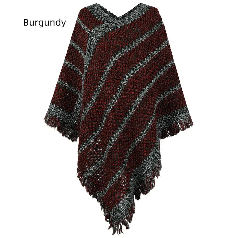 TastyHottie - CONTRAST STRIPED FRINGED PULLOVER CAPE SHAWL